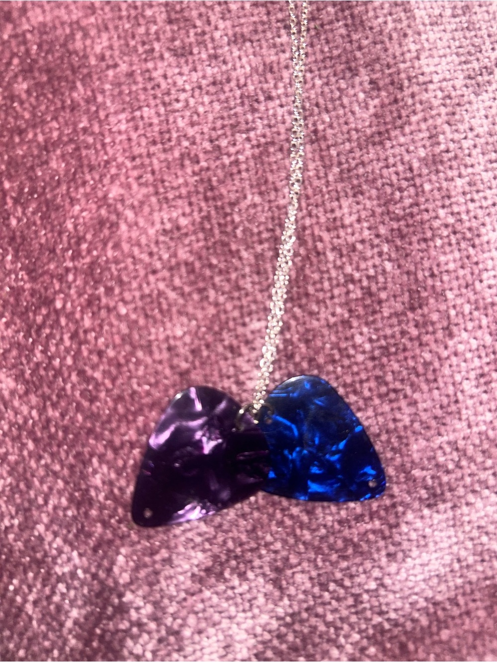 Silver Chain Necklace with Purple and Blue Resin Pendants